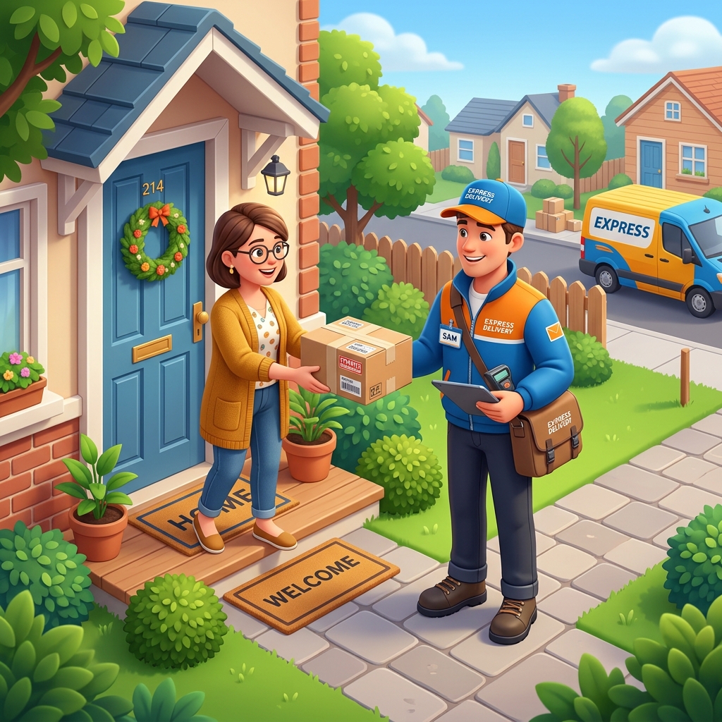 Friendly animated courier agent picking up a parcel from a customer at their doorstep