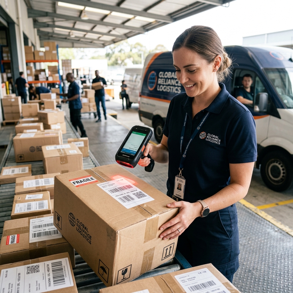 Courier agent scanning a parcel in a modern warehouse